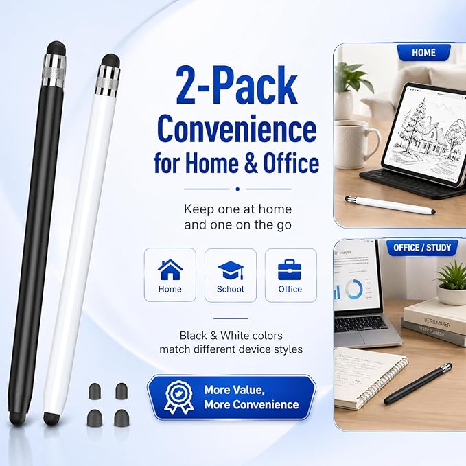 HATOKU 2 Packs Stylus Pen for Apple iPad & Touchscreen Devices (Black & White), Dual Tip Rubber, No Bluetooth/No Charging, High Sensitivity Capacitive Magnetic Pencil for iPad iPhone Android Tablets