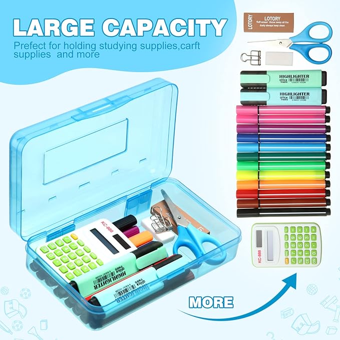 Leelosp 12 Pack Clear Pencil Boxes for School Bulk, Large Plastic Pencil Case with Lid, Stackable Hard Crayon Storage Box for Classroom Kids, Desk Drawer Organizer for Office Home(Pink Yellow Blue)