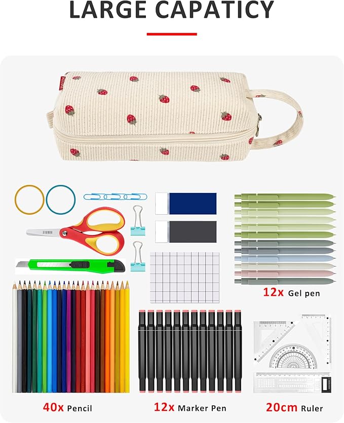 Fmeida Pencil Case Pouch - Soft Corduroy Pencil Pouch Cute Pencil Bag Aesthetic Office Supplies Stationery Pouch with Handle - Strawberry