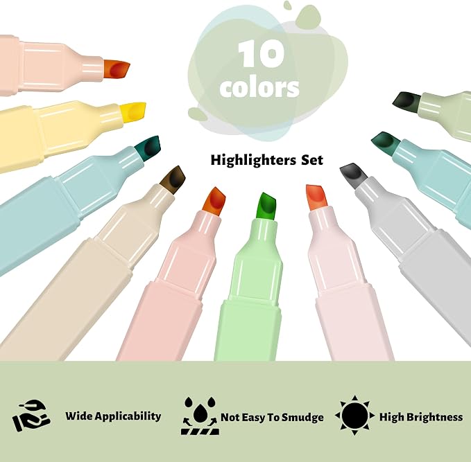 Piochoo Highlighters Assorted Colors,10Pcs Bible Highlighters and Pens No Bleed, Assorted Colors, Pastel Set, Cute Marker Pens for School Journaling