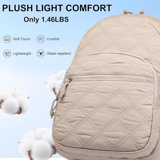 Travel Laptop Backpack for Women - 17.3 Inch College Backpacks Quilted Computer Bookbag Lightweight Casual Daypack Water-Resistant Backpacks for Students Teacher Work Camel