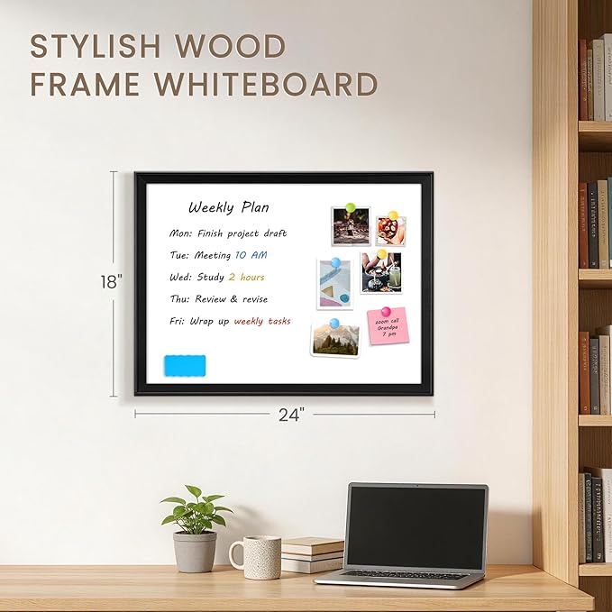 White Board for Wall, 24" x 18" Magnetic Dry Erase Board, Decorative Wooden Frame Large Whiteboard, Wall Mounted, Aesthetic Writing Board for Home, Office, School - Black
