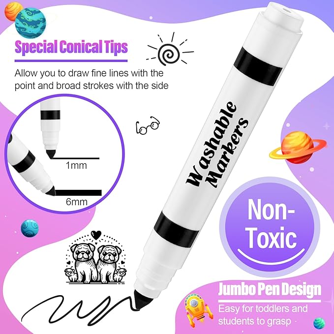 24 Pcs Washable Markers Bulk Broad Line Markers Coloring Conical Tip Large pens for Kids art projects, Teachers, Students, Toddlers, Party Favors, Classrooms, Donations(Black)