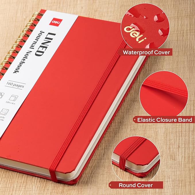 deli Red Lined Spiral Journal Notebook, 160 Pages, A5 (5.5"x8") Hardcover Writing Notebook, College Ruled Spiral Bound Journal for Women & Men - Perfect for Work, School, Office & Note Taking