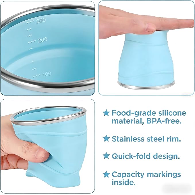Silicone Collapsible Travel Cup with Dustproof Lid, 8.8 Oz/260ml BPA-Free, Portable Reusable Foldable Cup for Camping, Picnic, Travel, Office (Light Blue)