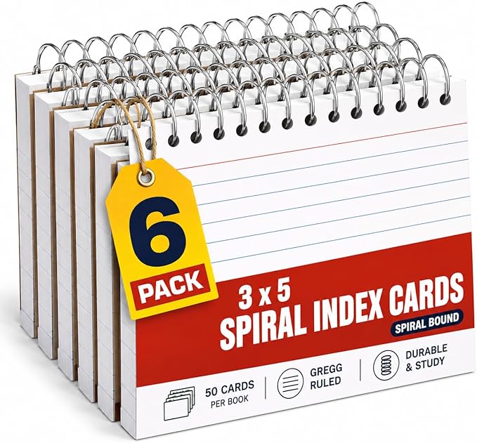 1InTheOffice Spiral Index Cards 3x5 Ruled, Spiral Bound, 50 White Cards/Spiral (6 Pack)