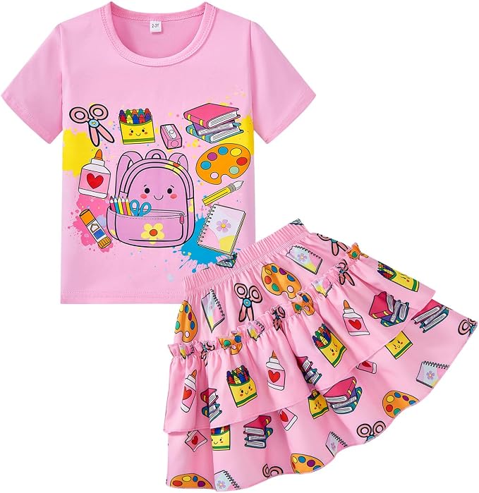 Little Girls Skirt Set - 2 Piece Short Sleeve Top Shirred Tiered Skirt Outfit Girls Spring Summer Clothes 3-8 Years