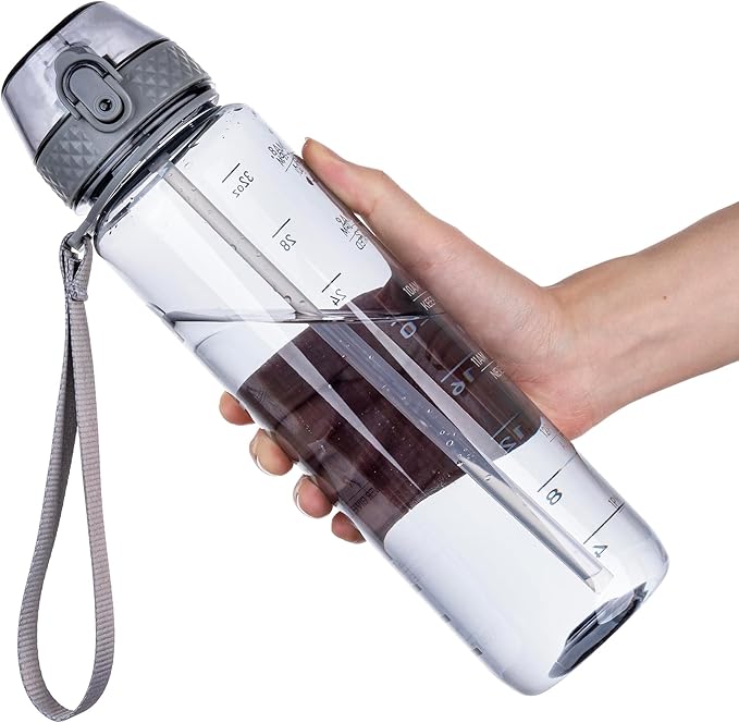 GOPPUS Water Bottles Clear Water Bottle with Straw 32oz Plastic Water Bottles BPA Free Tritan Wide Mouth Bottle Leakproof Motivational bottles water for Gym,Hiking,School or Office(1 Bottles)