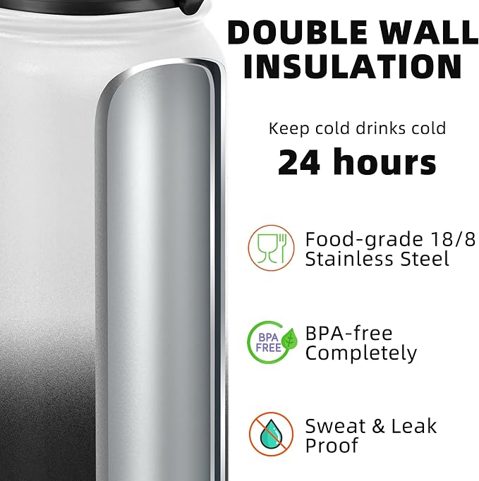 Fanhaw 24 oz Insulated Stainless Steel Water Bottle with Anti-Dust Chug Lid, Leakproof Vacuum Metal Everyday Use Bottle for Kids, Teens & Adults, Back to School Essentials (White Black)