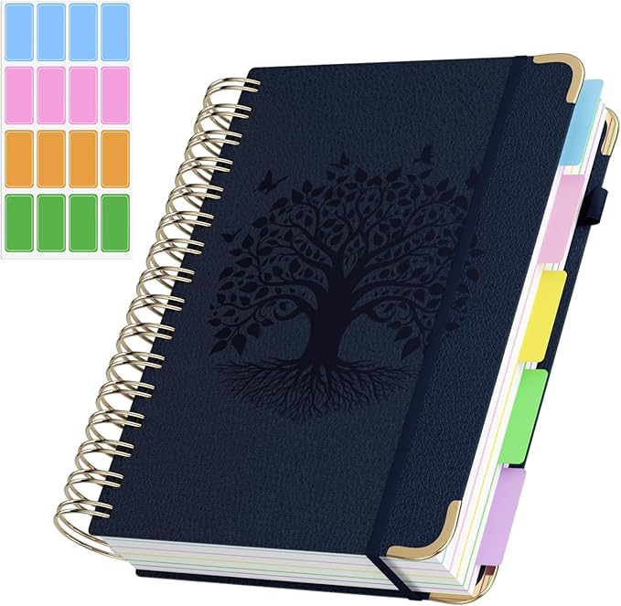 QIYVLOS Hardcover Spiral Notebook, A5 Journal with Removable Dividers Tabs, 5 Subject Notebook College Ruled, 320 Pages 6"x8" Leather Notebooks for Work School Study, Lined Journal for Women, Navy