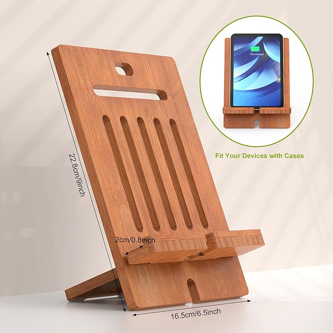 Pezin & Hulin Bamboo Tablet Stand Adjustable, Desktop Cell Phone Stand Holder Dock Compatible with Pad Air/Pro/Mini, E-Reader, Smartphone (Support to 4.7-13" Devices)-Brown