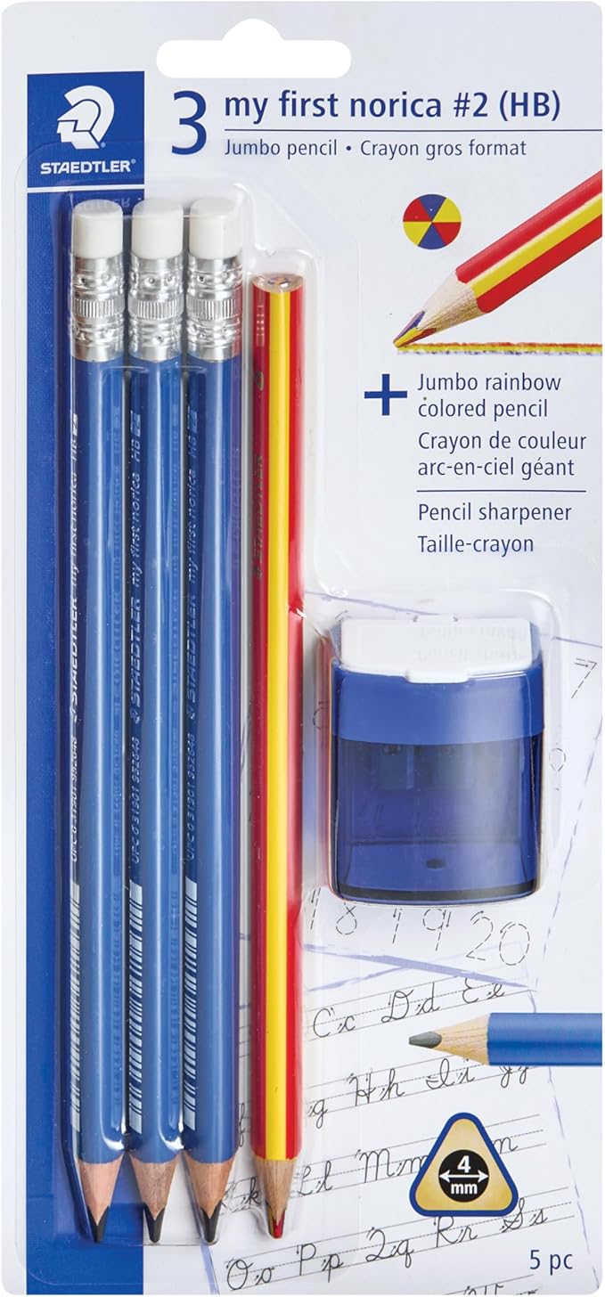 STAEDTLER My First norica Triangular Learner's Jumbo Pencils Set: With 3 Jumbo Pre-Sharpened #2 Pencils, Jumbo Rainbow Colored Pencil & Pencil Sharpener - For Children & Beginners - Packaging May Vary