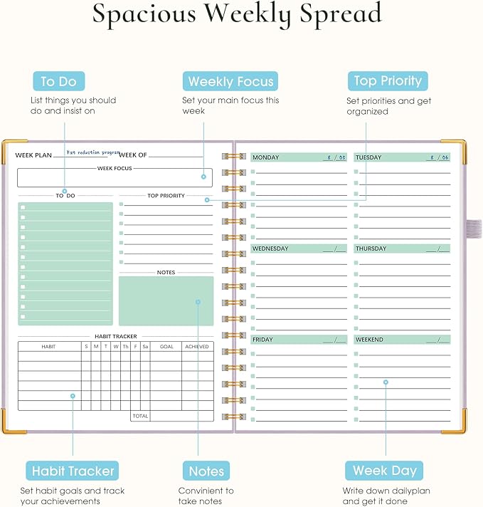Undated Weekly Planner, Hardcover Leather Weekly & Monthly Calendar Blank Planner, To Do List Notebook with Goal & Habit Tracker Organizer, A5 Daily Planner with Spiral Binding, Ideal for Work School Home, Purple