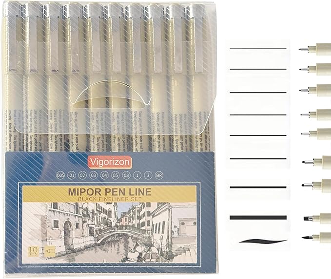 MIPOR PEN LINE Black Fineliner Set 10pcs, Micro-Line Drawing Pens with Multiple Nib Sizes for Art Sketching, Illustration, Technical Drawing