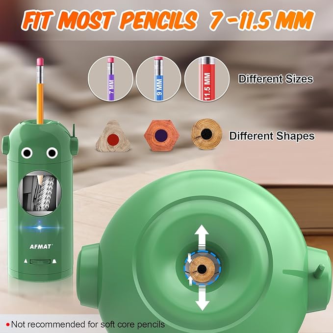 AFMAT Electric Pencil Sharpener for Colored Pencils 7-11.5mm, Fully Automatic Robot Pencil Sharpener, Auto in & Out, Rechargeable Hands-Free for Classroom/Home/Office, Battery Operated, PSX5RB, Green