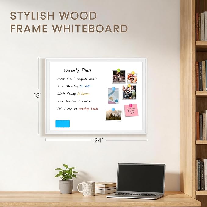 White Board for Wall, 24" x 18" Magnetic Dry Erase Board, Decorative Wooden Frame Large Whiteboard, Wall Mounted, Aesthetic Writing Board for Home, Office, School - White