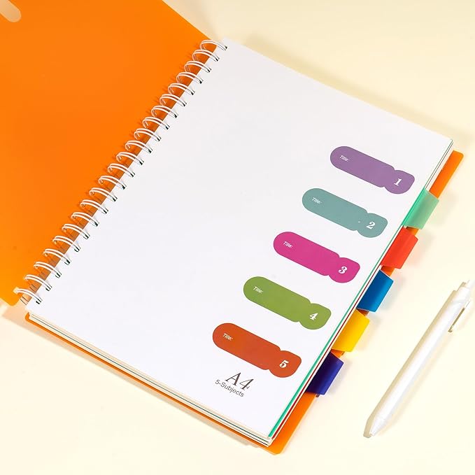 Yoment 5 Subject Notebook College Ruled Spiral Notebook 5x7 with Removable Dividers 270 Pages Notebooks for Work Multi Subject Notebook with 5 Tabs Organizer Notebook for Note Taking School, A5 Orange
