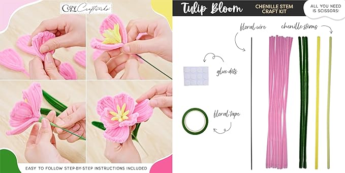 WeVeel Chenille Stem Flower Craft Kit for Adults – Create 6 Colorful Blooms (Lily, Rose, Calla Lily, Tulip, Gerbera & Daisy) – Relaxing DIY Arts & Crafts Kit with All Supplies