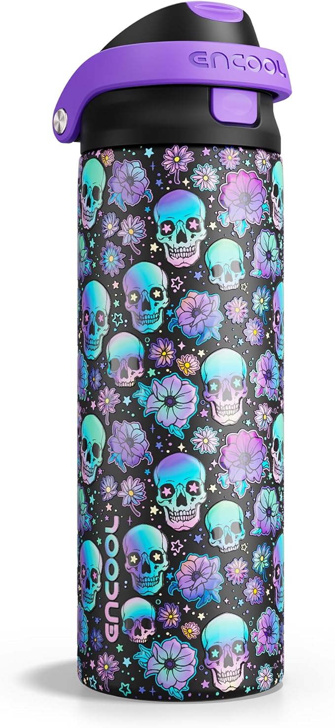 Encool SwiftSip Insulated Stainless Steel Water Bottle with Straw - Leak Proof Sports Water Bottle for School, Travel, Keeps Cold All Day, One-Touch Flip Lid, BPA-Free, 24 oz, Floral Afterlife