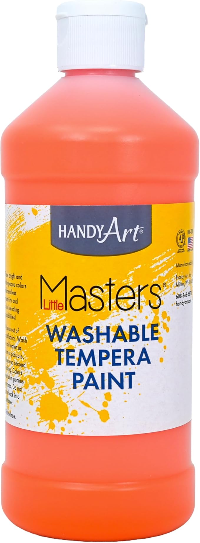 Handy Art Little Masters Washable Tempera Paint, Orange, 16 oz Bottle, Bright & Mixable, High Opacity, Washable Colors for Classroom, Students, Kids, Young Artists, Safe & Non-Toxic, Made in USA