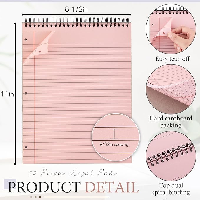 MotiMind 10 Pack 8.5" x 11" Top Spiral Notebook with 3 Hole Punched Legal Pads Notepad 50 Sheets Hard Cardboard Paper Wirebound Notepad for Office School Business (College Ruled,Gray Tones)