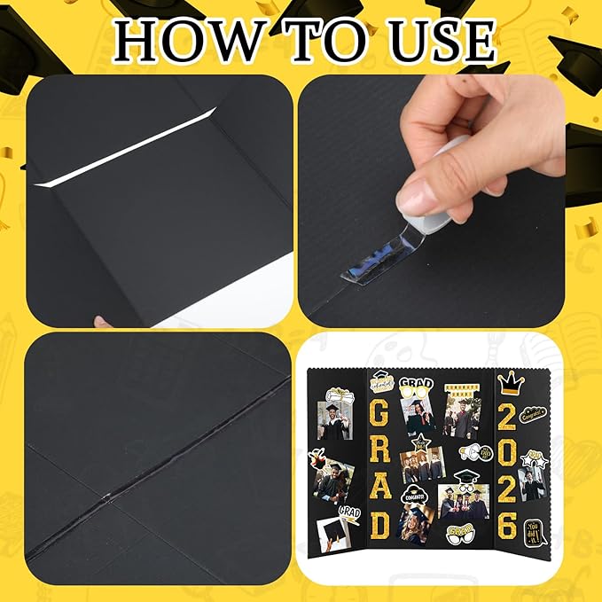 MiniInflat 4 Set 2026 Graduation Picture Trifold Poster Board Double-sided Foldable Photo Display Board Graduation Decoration for Class of 2026 High School College DIY Craft(Black Gold,24 x 32 Inches)