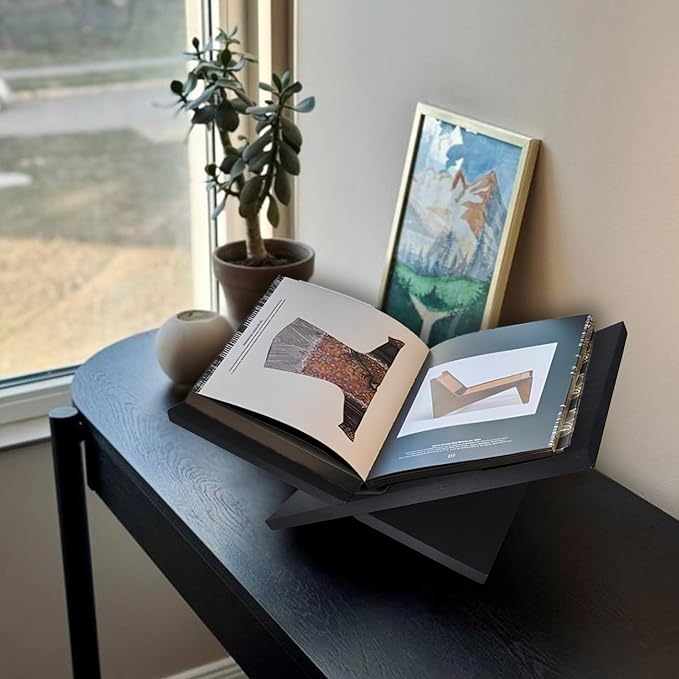 Wooden Book Stand for Reading & Display, Large Open Display Book Holder, Solid Wood Easel for Cookbooks, Magazines, Art Books, Bible, Quran & Textbooks – Black