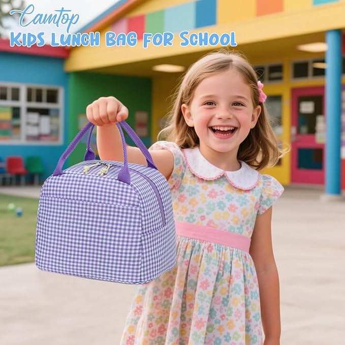 CAMTOP Lunch Box Kids Insulated Lunch Bag Large Reusable Leakproof Cooler Lunch Bags for Boys Girls School Travel Picnic (Purple and White Checkered)