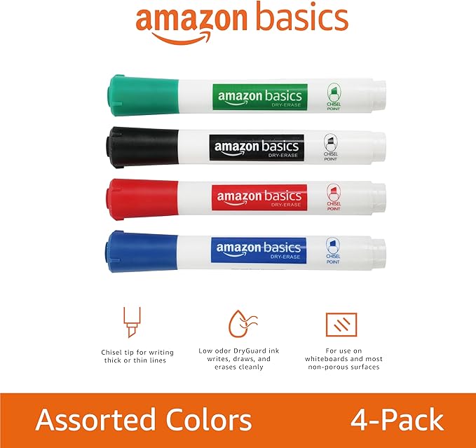 Amazon Basics Low-Odor Dry Erase Whiteboard Markers, Chisel Tip, Quick-Dry, Black, Red, Green, Blue, 4-Pack