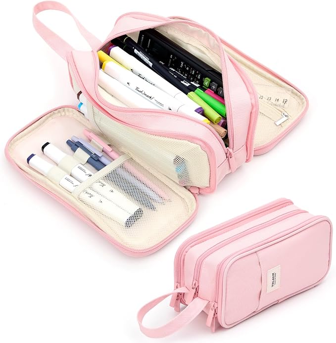 Pencil Case Pouch, Large Capacity Pencil Box Bag, Aesthetic Pen Organizer for School Supplies, Cute Preppy Stuff for Girls Boys Kids, Back to College Stationery, Pink