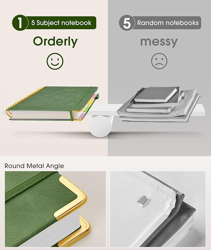 Hardcover Spiral Notebook 8.5"x11" Journal with Removable Dividers Tabs, 300 Pages Leather 5 Subject Notebook College Ruled, Large A4 Notebooks for Work School, Lined Journal for Women, A4 Green