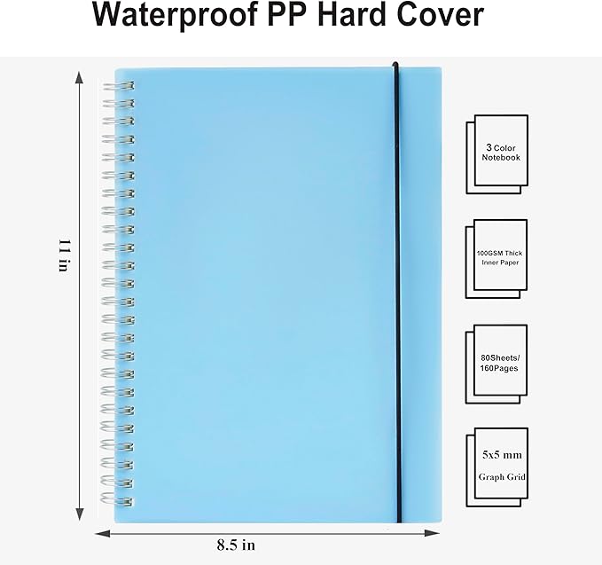 3 Pack Spiral Notebooks, Large Square Journal Notebook 8.5" x 11", 100GSM 5x5mm Square Grid, 80 Sheets/160 Pages, Grid Spiral Notebooks Journals for Writing, Sketch Book