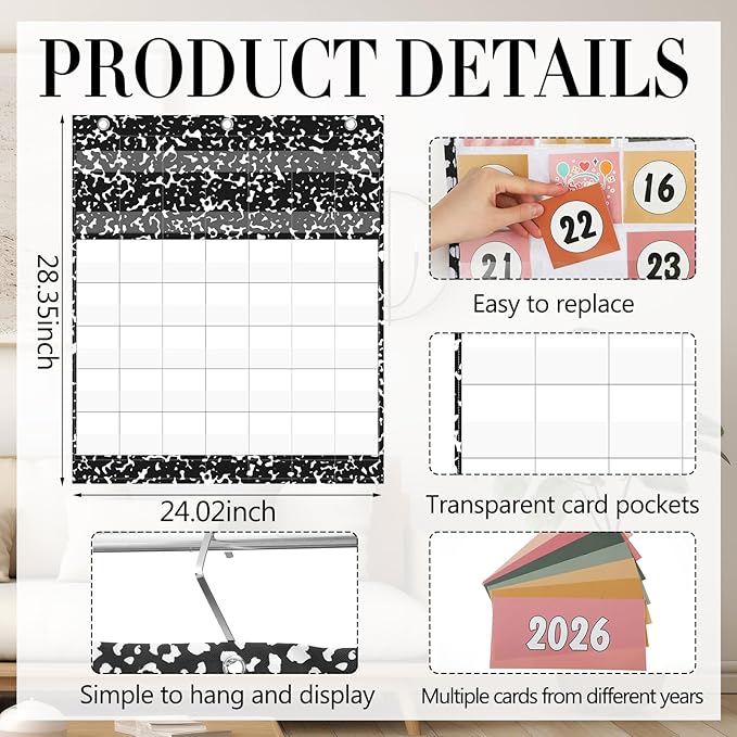 Tinlade Classroom Calendar Pocket Chart Set with 115 Cards 24 x 28 Inch Modern Farmhouse Calendar Bulletin Board Pocket 2026-2033 Festival Weather Teacher Supplies for Back to School Wall Decoration