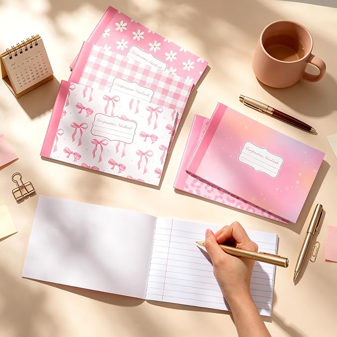 6 Pack Half Size Composition Notebooks Wide Ruled Marble Journal, Pink