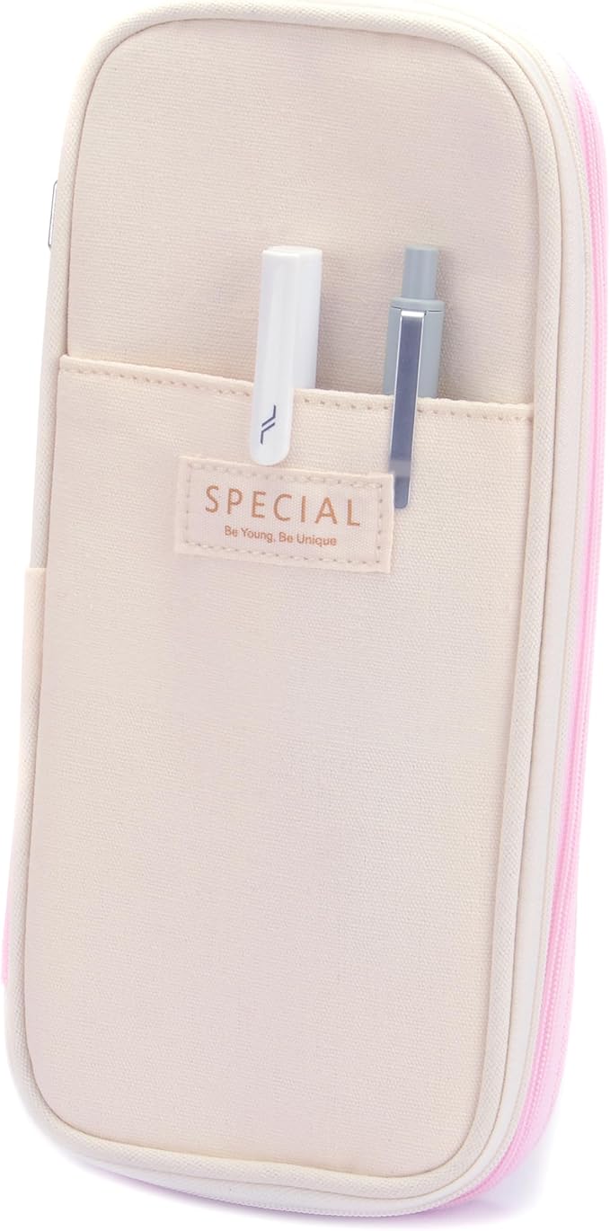 Large Capacity Big Special Cute Aesthetic Preppy Canvas Pencil Case Organizer Holder Pouch Bag with Zipper Compartments, Pen Cases for Women Girls School Adults (Beige/pink)