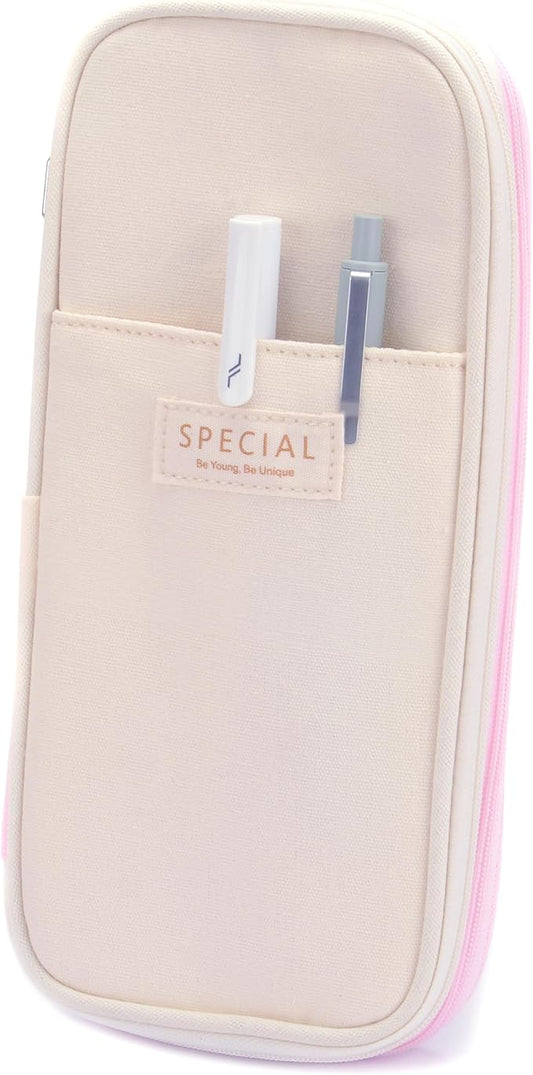 Large Capacity Big Special Cute Aesthetic Preppy Canvas Pencil Case Organizer Holder Pouch Bag with Zipper Compartments, Pen Cases for Women Girls School Adults (Beige/pink)