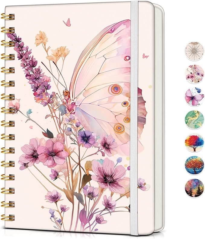 PAPEJOON Lined Spiral Journal Notebook for Women, A5 Cute Hardcover Spiral Journals for Writing, 150 Pages Pretty College Ruled Notebooks for Work & Note Taking, 5.75" x 8.38", Butterfly Bouquet