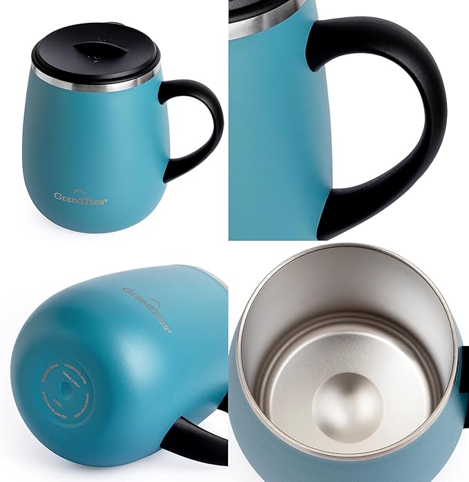 GRANDTIES Insulated Coffee Mug with Handle - Sliding Lid for Splash-Proof 16oz Wine-Glass Shape Thermal Tumbler with Double Walled Vacuum Stainless Steel to Keeps Beverages Hot or Cold-Atlantis Blue