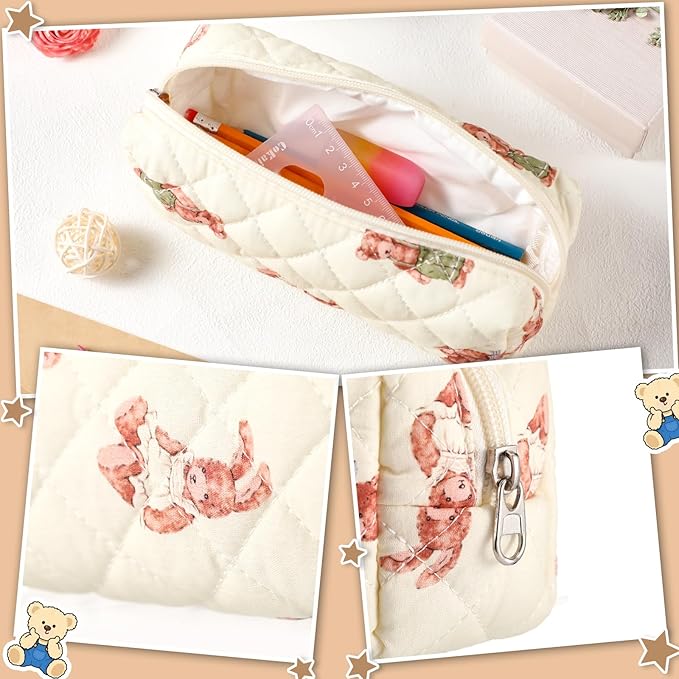Sherr Bear Pencil Case Beige Cute Pencil Pouch Soft Cotton Quilted Storage Bag Aesthetic Pattern Gift Makeup Pouch Cosmetic Travel Bag for Women