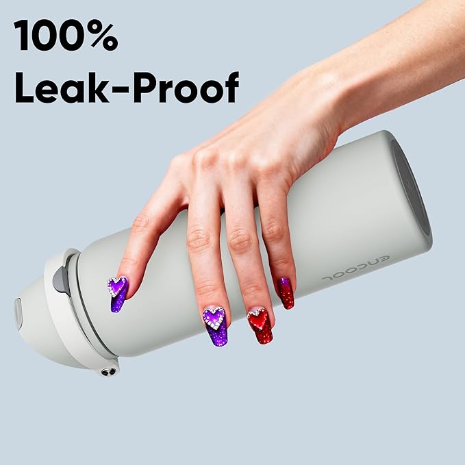 Insulated Water Bottle with Straw - Encool Stainless Steel Water Bottle with Push Button Lid, Leak-Proof & BPA-Free, Keeps Cold for 24 Hours for Sports, Travel, Gym (32 oz, Silver Grey)