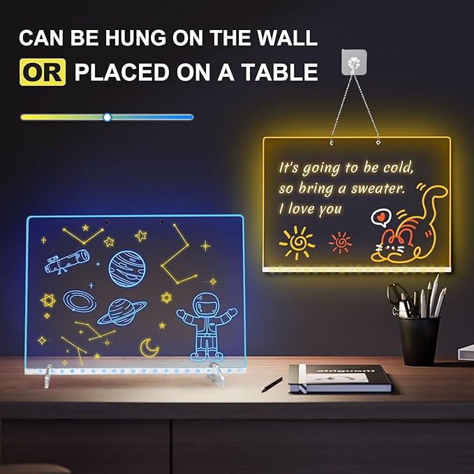 LED Note Board with Colors, 13.7"X10" 6 Modes & 8 Colors Acrylic Dry Erase Boards with Light, Led Drawing Board for Kids with Stand,Birthday Holiday Day Gifts for Girls & Boys Age 3+