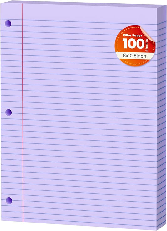 Purple Loose Leaf Paper 100 Sheets Colored Filler Paper 8 * 10.5 College Ruled Paper 3-Hole Punched Paper for 3-Ring Binders Notebook Lined 8" x 10.5"