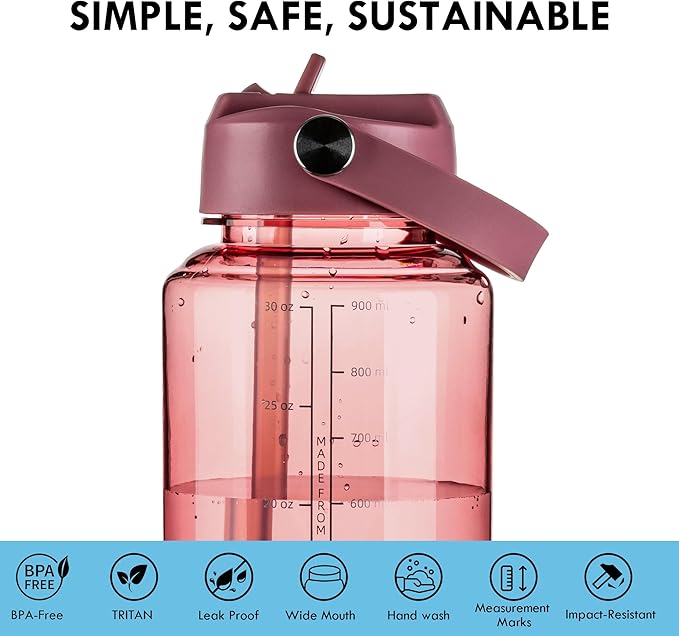 OLDLEY 32 oz Clear Water Bottle with Straw,Tritan BPA-Free, Wide Mouth, Leak Proof - for Gym, Travel, Home, School, Office (Red)