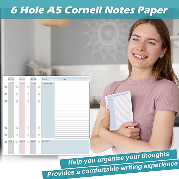 200 Sheet Cornell Notes Refill Paper A5 Planner Inserts for 6 Ring Binder 0.2" Spacing A5 Loose Leaf Cornell Notebook Refills Taking System Filler Paper Bulk for School Office Business 80gsm