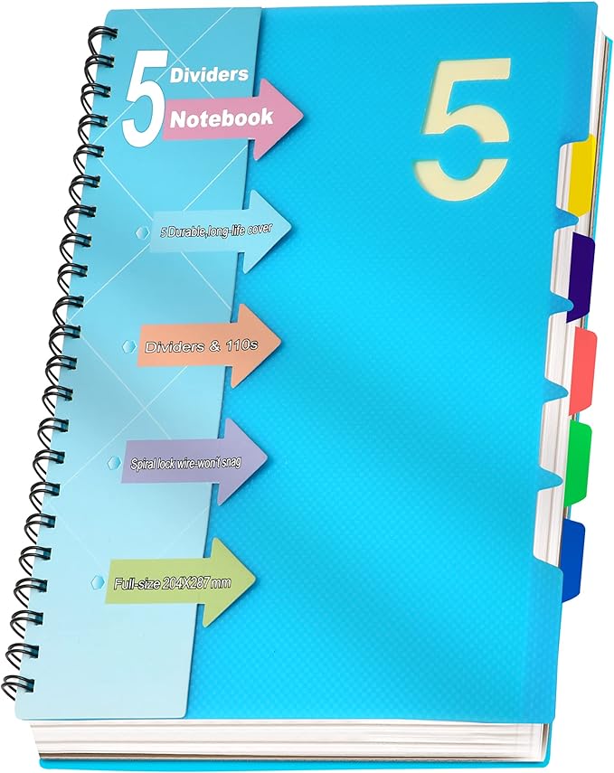 CAGIE 5 Subject Notebook 8.5 x 11，A4 Spiral Notebooks College Ruled Spiral Notebook with Dividers Tabs，220 Pages Lined Spiral Notebook for Note Taking, School, Work, Blue