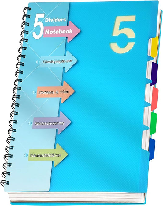 CAGIE 5 Subject Notebook 8.5 x 11，A4 Spiral Notebooks College Ruled Spiral Notebook with Dividers Tabs，220 Pages Lined Spiral Notebook for Note Taking, School, Work, Blue