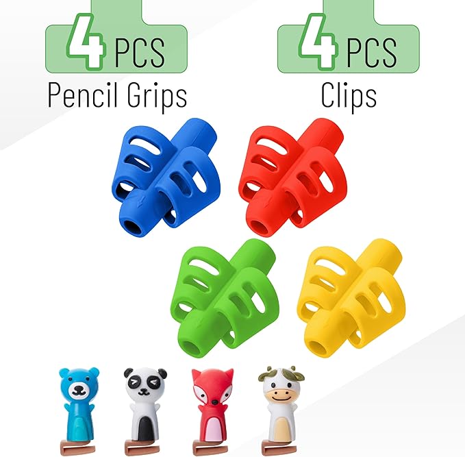 Mr. Pen- Pencil Grips for Kids Handwriting, 4 Pack with 4 Clips, Bright Colors, Flexible Silicon Pencil Holder for Kids, Right & Left-Handed