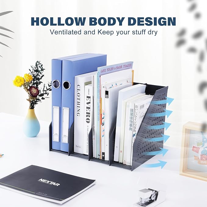 FRETONBA Collapsible Magazine File Holder with 4 Vertical Compartments Foldable Binder Holder for Desk Binder Storage Organizer Plastic Magazine Holders for Shelf, Dark Gray
