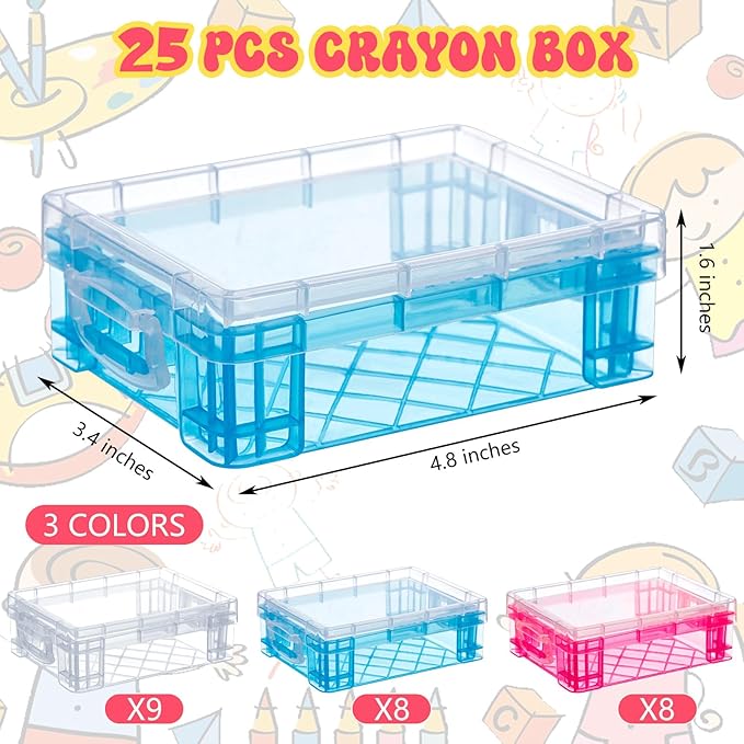 Suzile 25 Pcs Plastic Crayon Boxes with Snap Lids Crayon Storage Organizer Stackable Container Bulk Pencil Case for Pen Crafts Classroom Supplies(Colorful)