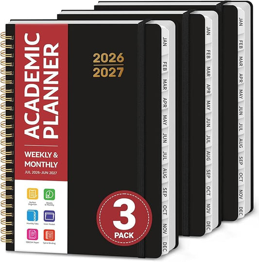 Planner 2026-2027 for Women & Men, Set of 3, Academic Monthly and Weekly Calendar Planner, Jul 2026 - Jun 2027, A5 (6.3" x 8.5"), Teacher Student Planning Book with Tabs, Ideal for Office School Supplies - 3 Black